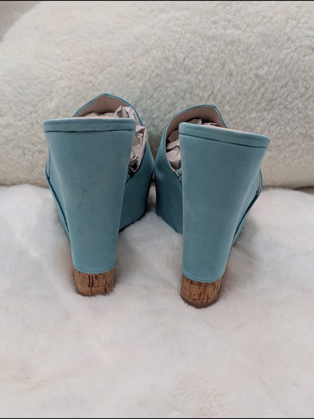 NWOT BCBGeneration "Rexx" Blue Suede Open-Toe Cork Wedge Slide Sz 8.5 - Picture 5 of 11